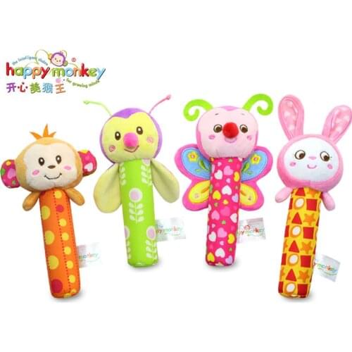 Happy Monkey Lovely Animal Squeaky Sticks for babies Infant Baby Rattle Toys for Children Bee Bunny Butterfly Monkey