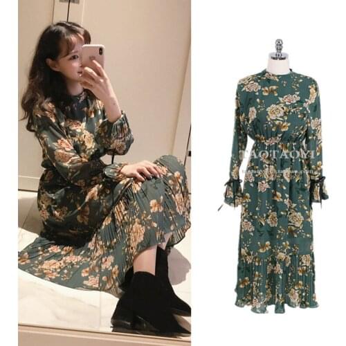 Retro floral dress women spring autumn trumpet sleeves chiffon dress high waist pleated dress