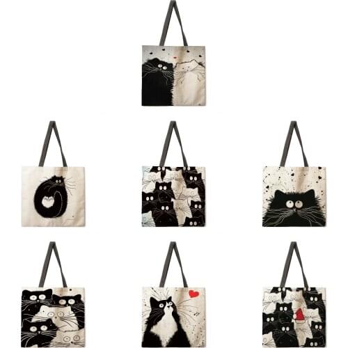 Black and white cat linen fabric casual tote bag foldable shopping bag reusable beach bag ladies shoulder bag