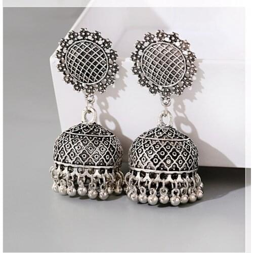 Retro Bollywood Oxidized Earrings Womens Ethnic Flower Silver Plated Afghan Bell Tassel Jhumka Indian Earrings Wedding Jewelry