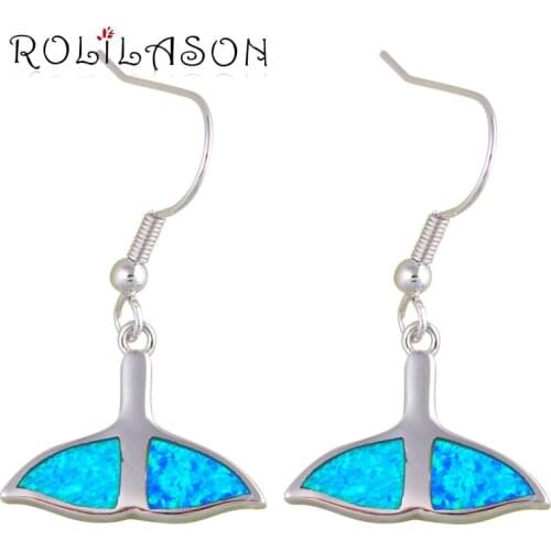ROLILASON New Arrival Super Supplier Blue Fire Opal Silver Stamped Trendy Fashion Jewelry Dangle Earrings for Women OES593
