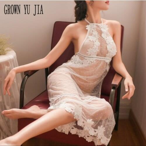 Sexy Home Nightg Dress Backless Lace Halter Long Skirt Nightwear Erotic Perspective Intimate Nightgown Female Lingerie Sleepwear