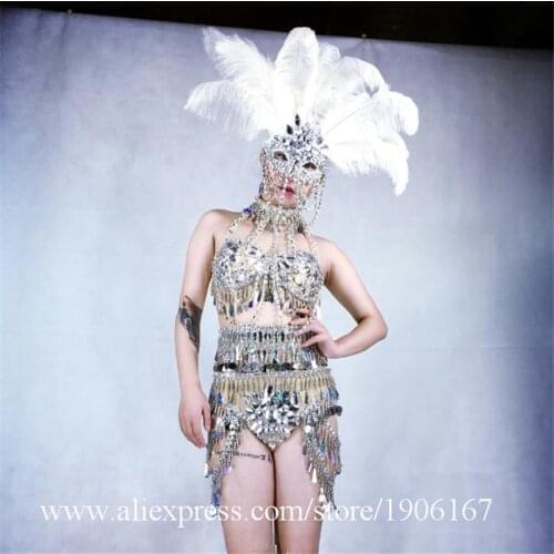 Sexy Lady Ballroom Costume White Party Valentines Day Evening Dress Stage Performance DS TV Show Clothes With Feather Headwear