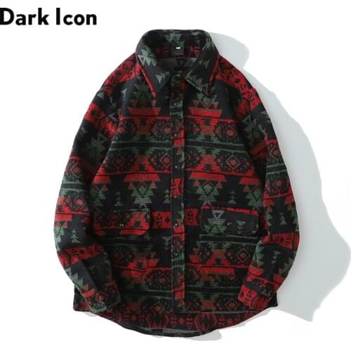 Dark Icon Geometric Thick Jackets Men Women Pockets Autumn Mens Shirt Jacket Vintage Shirts
