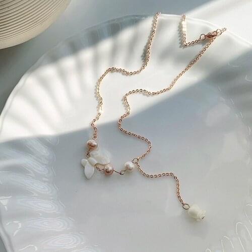 U-Magical Korean Fashion Shell Butterfly Pendant Necklace for Women Girls Freshwater Pearl Flower Long Tassel Necklace Jewelry