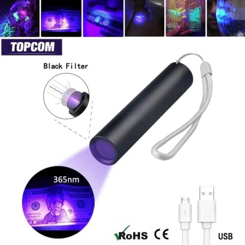TOPCOM USB Rechargeable UV Flashlight 365nm UV Light 3W Ultraviolet LED Lantern With Black Filter Lens Money Pet Urine Detect