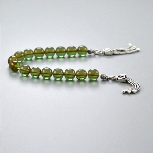 Green Bakelite Stress Chain Polshak Mascot Rosary 7 mm. Globe Cut 925 Sterling Silver Embellished