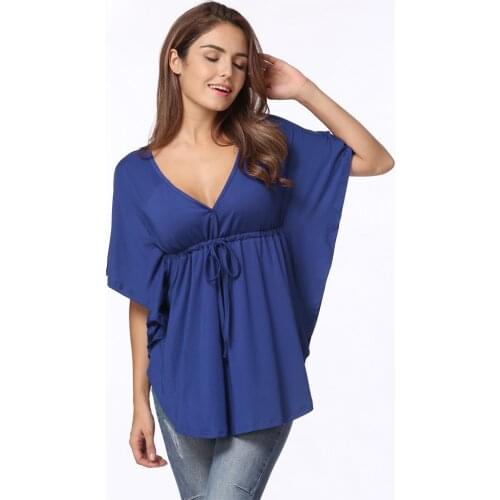 Women Blouses 2020 Summer Top Shirts female Sexy V Neck Batwing Sleeve Solid Lace up Tunics female Blouses Plus Size 3XL 4XL 5XL