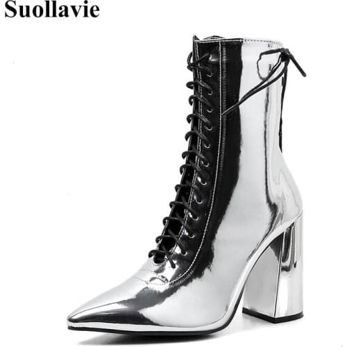2020 Spring Women Silver Boots Ankle Cross-tied Shoes Pointed Toe Square Heels Chelsea Boots Pumps Super High Warm Causal Shoes