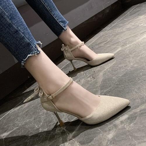 Womens Shallow Mouth High Heels Stitching Leather Womens Shoes Glittering Stiletto High Heels Summer Elegant Casual Buckle