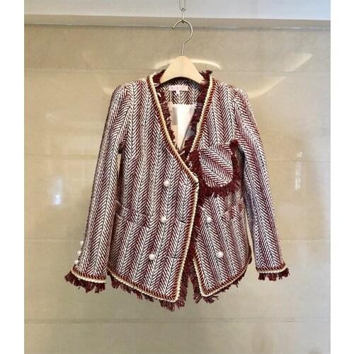 Tweed Striped Blazer Women 2020 Red Blue Autumn Winter Jacket Coat Mujer Luxury Brand Runway Double Breasted Ladies Female Tops