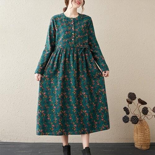 Autumn Dress 2021 New Arrival Long Sleeve Cotton Linen Print Floral Vintage Office Lady Work Dress Women Spring Casual Dress