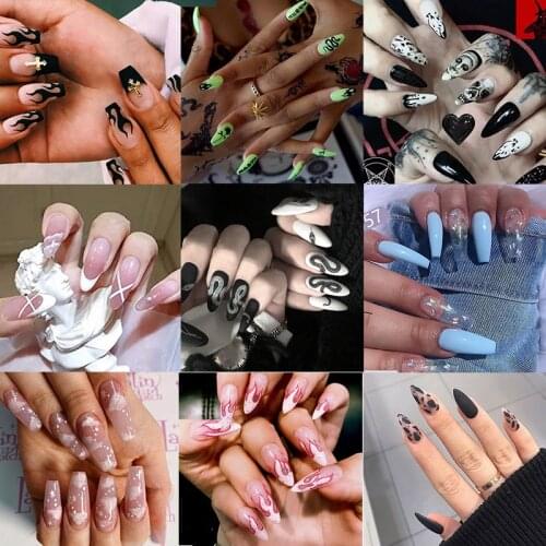24PCS Fake Nails With Snake Flame Decorations Long Detachable French Nails Coffin Press on Nails Art DIY Manicure Tool