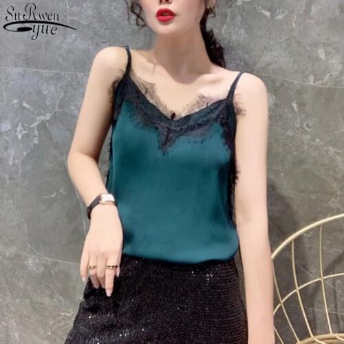 Blusas Mujer Summer Sling Satin Sleeveless Blouse Women Casual Sexy Solid Lace Women Shirts 2021 Tops for Women Clothing 9750