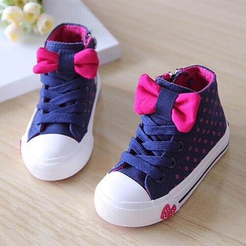 2021 Autumn Spring New Fashion Polka Dot Childrens Shoes Girl Sneakers Zip Kids Flat Little High Bow Canvas Shoes EUR 32-36