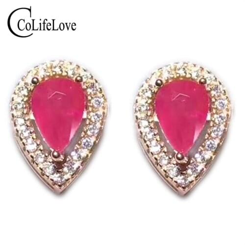 Classic ruby silver stud earrings 4 mm *6 mm natural blood red ruby silver earrings solid 925 silver ruby stud earrings for girl