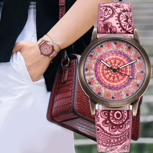 HOT SALES!!! New Arrival Bohemia Women Colorful Flower Pattern Round Dial Faux Leather Quartz Wrist Watch Wholesale Dropshipping