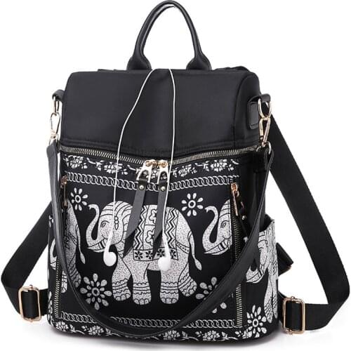 3-in-1 Women Backpacks Fashion Elephant Pattern Shoulder Bags Pu Leather and Oxford School Bag Ladies Casual Travel Bags Mochila