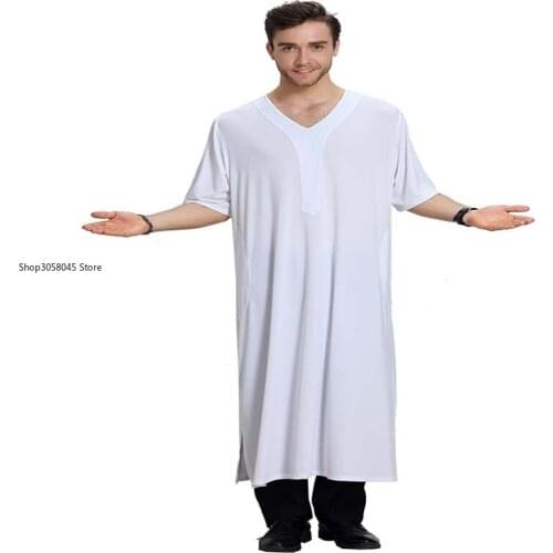 Muslim Clothing Men Short Sleeve V-Neck Robe White Gray Fashion Islamic Thobe Kaftan Jubba