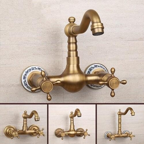 Bathroom Wall Mounted Water Tap Bathtub Faucet Antique Brass Vessel Faucet Luxury Bathroom Brass and Stone Vessel Faucet