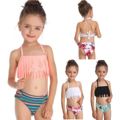 New Childrens Swimwear Two Piece Tassel Swimsuit For Girls 2021 Summer Halter Bikini Sets Kids Swimsuit Lovely Swimwear