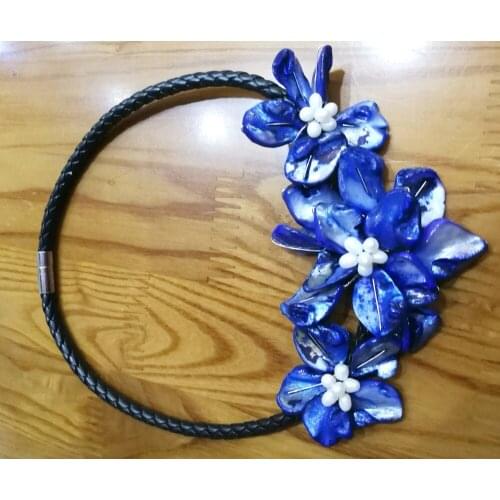 Women Classic Jewelry white natural pearl 3 flower blue shell mother of pearl necklace black leather 18" 45cm