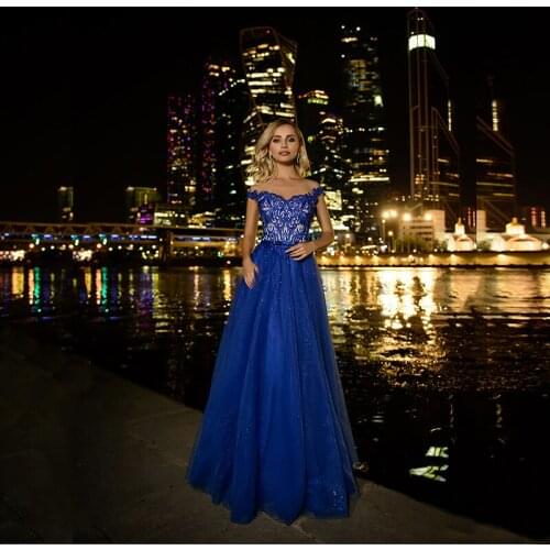 2021 New Arrival Royal Blue Cap Sleeves Prom Party Dresses Illusion Neckline Back Out Wedding Guest Gowns Sequins Bow Belt