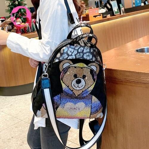 Women Rhinestone Backpack Leather Cute Bear Pattern Handbags Hot Diamond Personality Fashion Travel Bag Shoulder Diagonal Bag