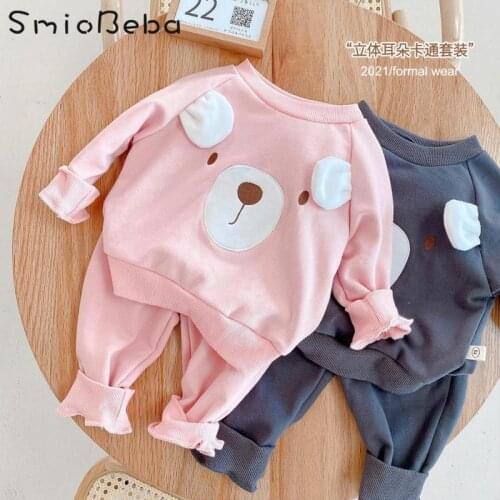 Cartoon Bear Baby Boys And Girls 2PCS Sets Treasure Spring New Stereo Ear Cute Cartoon Foreign Style Sweater Shirt+Pants Clothes