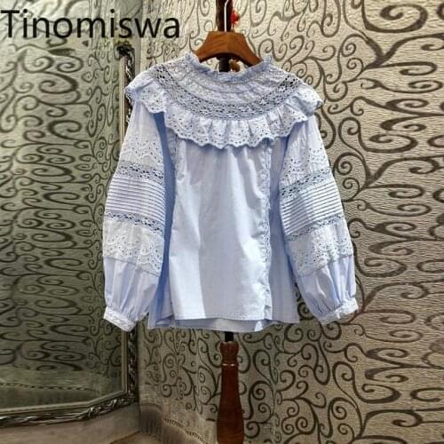 Tinomiswa Lace Cut Out All-match Blouse Women Ruffle Patchwork O Neck Long Sleeve White Tops Korean Fashion Chic Shirts New