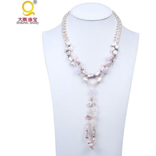 Unique design popcorn crystal necklace real cultured button and coin shape freshwater pearl necklace tassel necklace jewelry