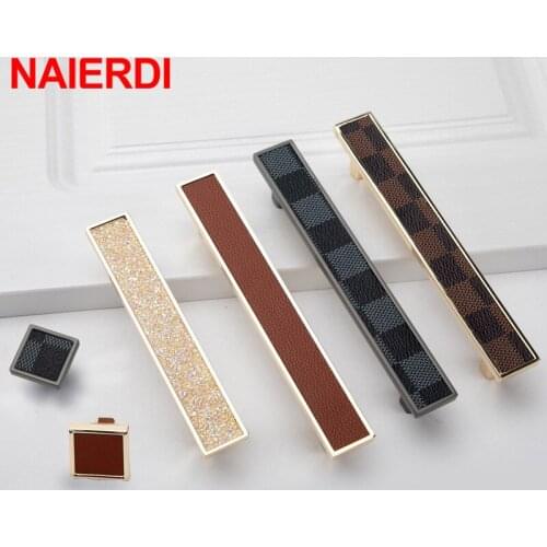 NAIERDI Vintage Leather Cabinet Handles Knobs Diamond Wardrobe Kitchen Cupboard Door Pulls European Zinc Alloy Furniture Handle