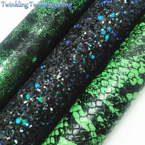 GREEN Glitter Fabric, Snake Faux Leather Fabric Velvet Fabric Sheets Synthetic Leather For Bows A4 8"x11" Twinkling Ming XM166