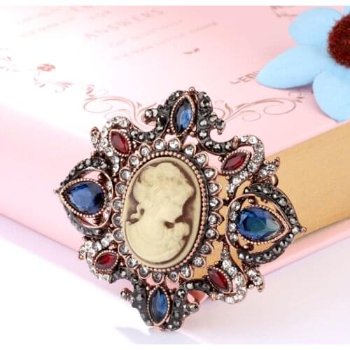 Luxury Vintage Antique Golden Assorted Style Colorful Crystal Rhinestone Queen Cameo Beauty Head Statue Brooch Pin Women Jewelry