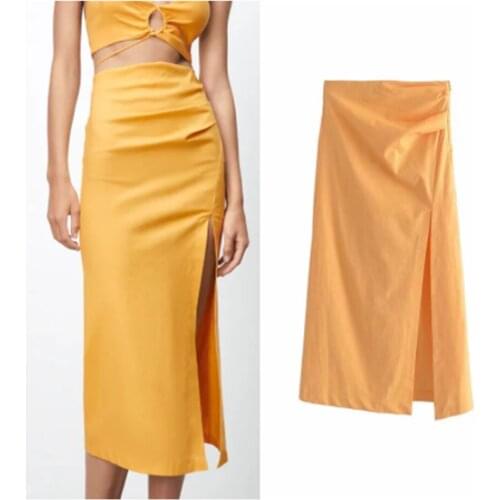 ZA Women Midi Skirt Summer 2021 Elegant Causal Solid Womens Cotton Linen Skirt Chic Side Split High Waist Streetwear