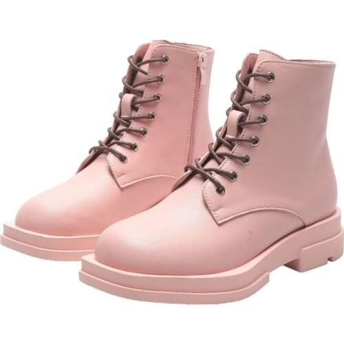 Krasovki 2021 Women Boots Genuine Leather Autumn Winter Motorcycle Booties Platform Thick Sole Shoes Pink Black White