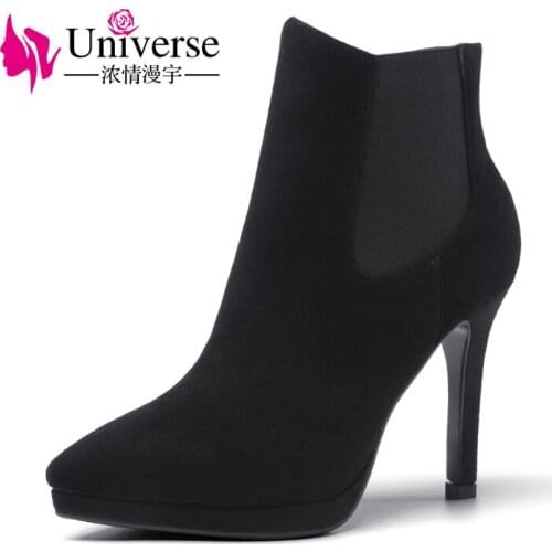 Universe 10.5 cm super high heel women boots fashion pointed toe black gray suede leather ankle boots for ladies G376