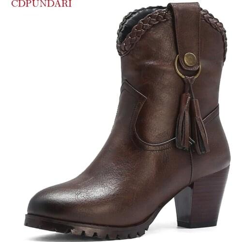 Black Fringe Western Cowboy Boots For Women High Heels Ankle Boots Ladies Autumn Winter Short Boots Shoes botas camperas mujer