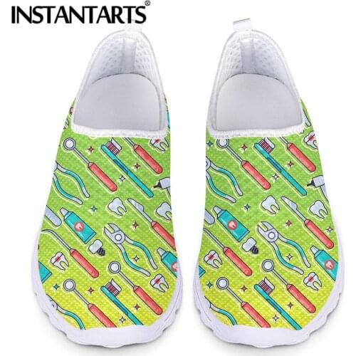 INSTANTARTS Gradient Color Dentist Tool Cartoon Pattern Mesh Sneakers for Women Casual Slip-on Flat Shoes Breathable Loafers Hot