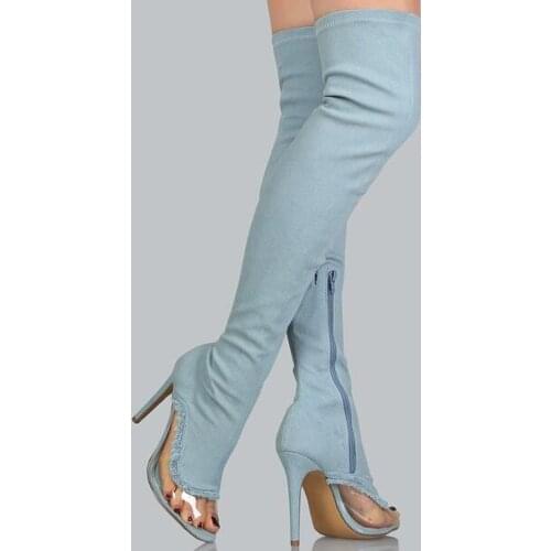 Women Fashion Open Toe Transparent Design Over Knee Denim Boots Cut-out Long Blue Thin Heel Jean Boots Gladiator Boots