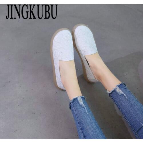 JINGKUBU Genuine Leather Women Flats Shoe Embroidery Female Shoes 2018 New Spring Summer Shoes Woman Casual Shoes Zapatos Mujer