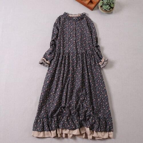 Japan Style Mori Girl Literary Print Dress Autumn New 2020 O-Neck Long Sleeve Ruffle Loose Big Hem Printed Long Dress Female