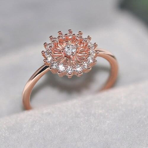 Trendy Sun Flower Rings For Women Crystal CZ Rose Gold Color Party Birthday Gift Midi Ring Fashion Jewelry R904