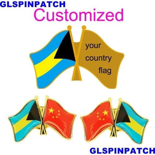 Bahamas Crossed Friendship Flag Double Country lapel pin Brooch USA UK France Chile Russia Saudi Arabia Japan Spain Badge
