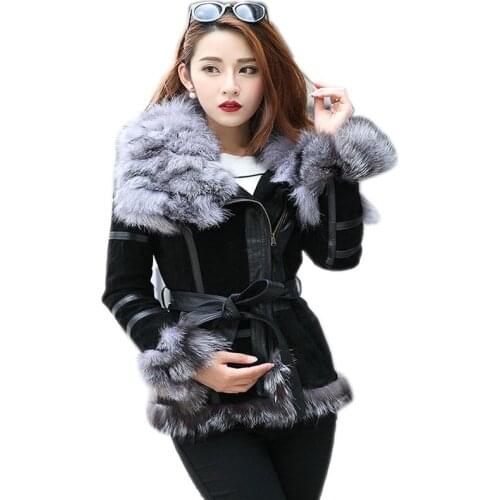 Harppihop jacket Winter Lady pig Leather Coat Jackets with big Fox Fur collar Outerwear Coats Warm Overcoats Female Fur jacket