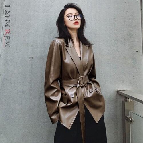 LANMREM 2021 Autumn New Lapel Pu Leather Jacket Women Long Sleeve Loose Bandage Waist Double Breasted Coat Female Fashion 2W407