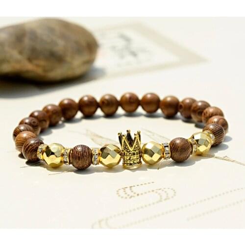 Trendy Charm Bracelet For Men Jewelry Charm Luxury Gold Crown Wood Beads Bracelet Male Handmade Wristband Pulseira Bileklik