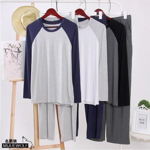 Male sleepwear autumn winter male modal o-neck lounge set thin at home plus size raglan sleeve long sleeve long pants pajama set