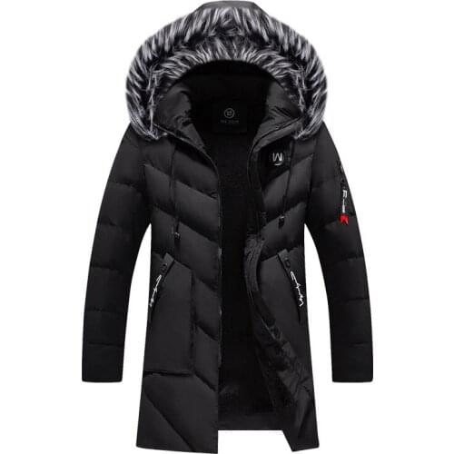 Mens Casual Slim Long Winter Coat Thick Jacket Warm Hooded Cotton Fur Collar Mens Winter Clothing Outwear