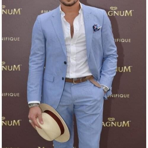 Classic Summer Suit Men 2 pieces Blue Beach Linen Wedding Suits for Men Groom Tuxedo Custom Casual Mens Suits Jacket Pants Set